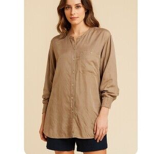 Bogari Vintage Silk Blouse in sandy Beige, Size M Button down business casual